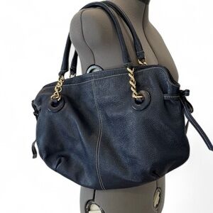 Roberta Gandolfi Navy‎ Peppled Leather Zip Top Shoulder Bag Pockets Chain Detail